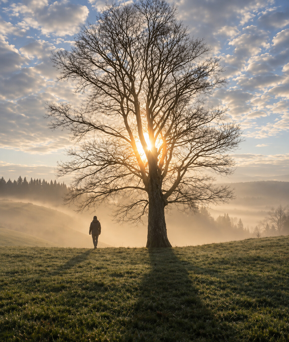 A tall rooted tree illuminated by soft morning light