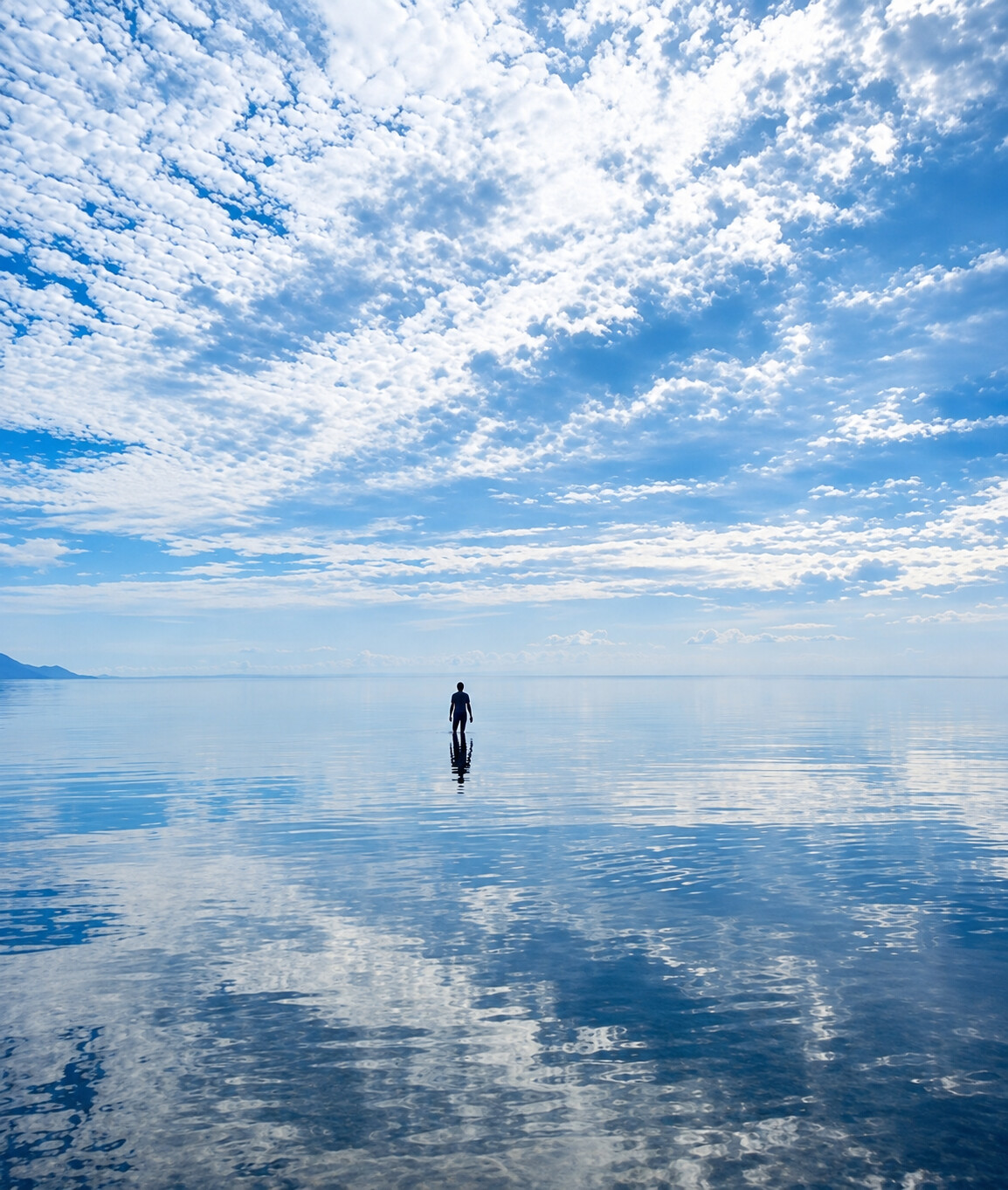 A calm figure standing in open water beneath a wide blue sky